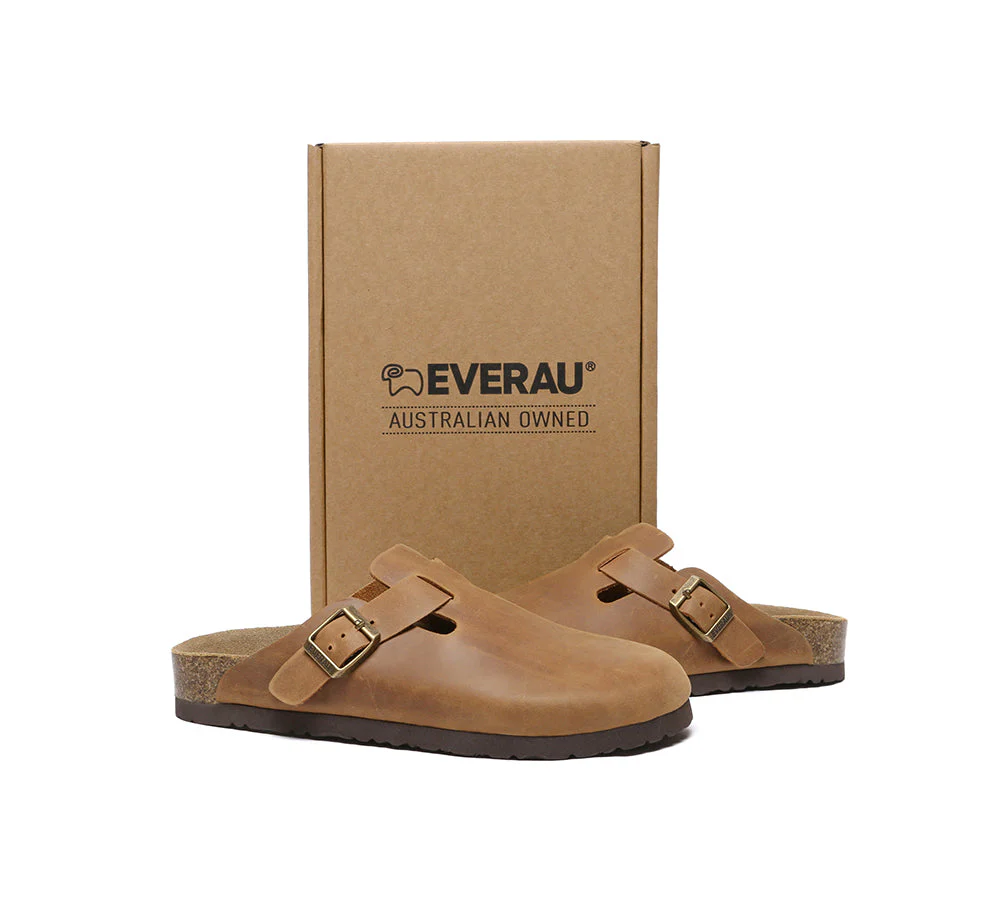 EVERAU® Men Leather Adjustable Buckled Straps Slip-on Flat Sandal Slides Brooklyn - Image 4
