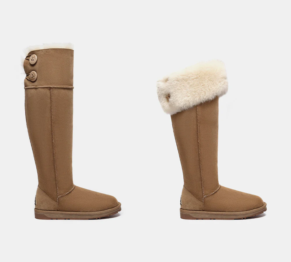 EVERAU® UGG Boots Women Double Faced Sheepskin Wool Tall Button Over-Knee Jenner - Image 3