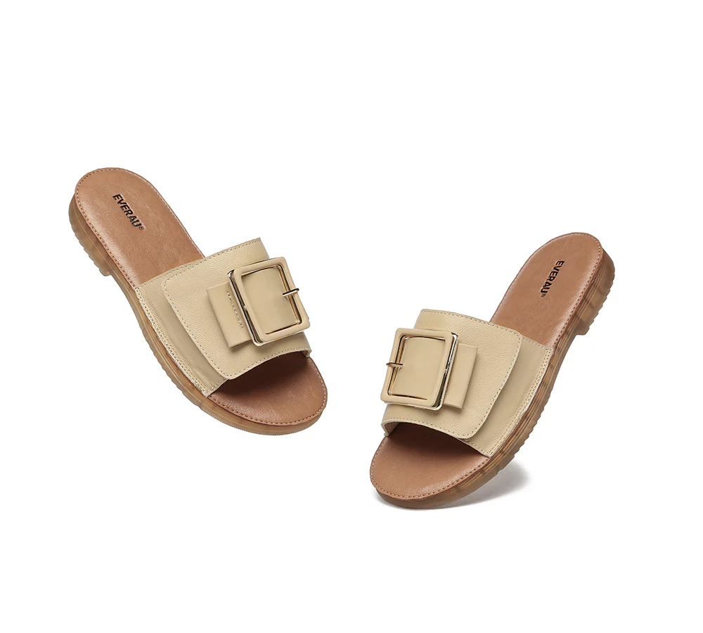 EVERAU® Women Leather Buckle Adjustable Ultra Soft Flat Slides Bera - Image 22