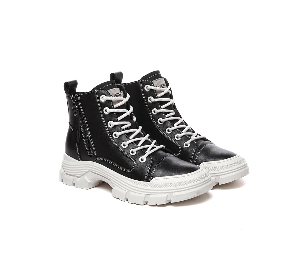 EVERAU® Women Leather Lace Up Zipper Chunky Boots Lorrin - Image 8