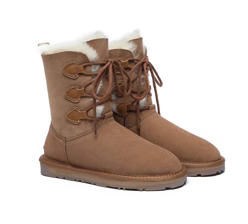 EVERAU® Women Sheepskin Wool Lace Up Boots Tall Stark - Image 3